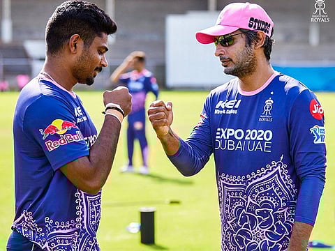 Sanju Samson, the new captain of Rajasthan Royals (left), bonds with technical director Kumar Sangakkara.