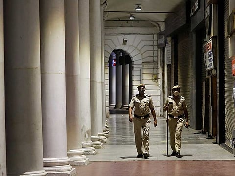 Police officers patrol in New Delhi, India 