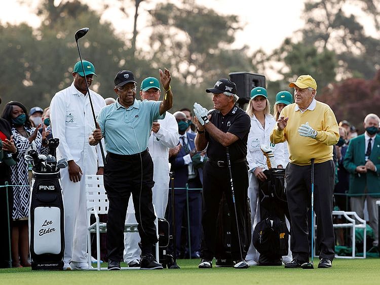 Lee Elder with Jack Nicklaus and Gary Player on the first tee at the Masters in Augusta