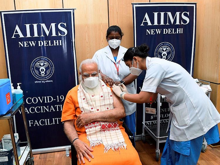 Prime Minister Narendra Modi receives the second dose of COVID-19 vaccine, at AIIMS in New Delhi.