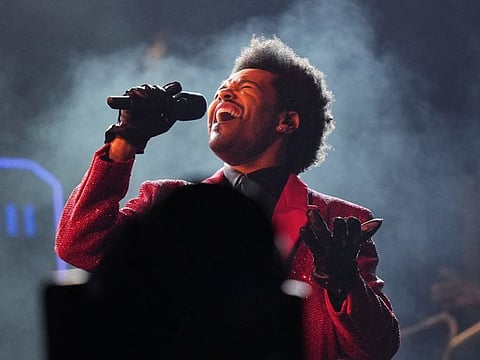 The Weeknd performs during the halftime show of the NFL Super Bowl 55 football game on Feb. 7, 2021, in Tampa, Fla.
