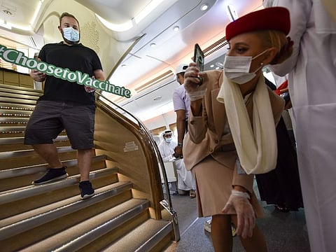 Emirates’ one-of-a-kind Flight EK2021 proudly made its journey across the different emirates today to celebrate the UAE’s remarkable progress in vaccinating its citizens and residents against COVID-19. 