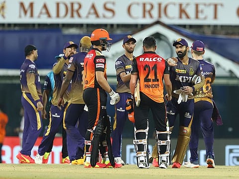 Kolkata Knight Riders and Sunrisers Hyderabad players greet each other after the match. 