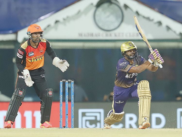 Rahul Tripathi of Kolkata Knight Riders plays a shot. 