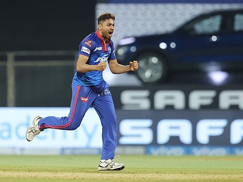Avesh Khan of Delhi Capitals celebrates the wicket of MS Dhoni of Chennai Super Kings during match 2 of the IPL held at the Wankhede Stadium, Mumbai on the 10th April 2021. 