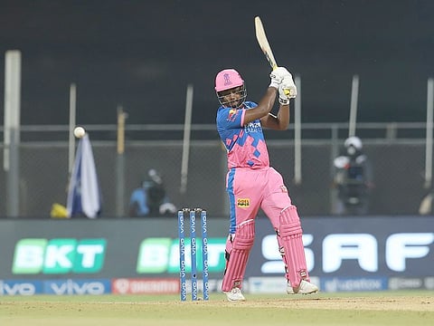 Sanju Samson, captain of Rajasthan Royals, unleashes his range of strokes during his century on Monday.
