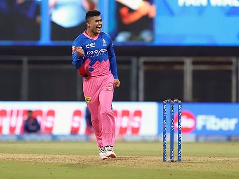 Riyan Parag of Rajasthan Royals celebrates the wicket of Chris Gayle of Punjab Kings 