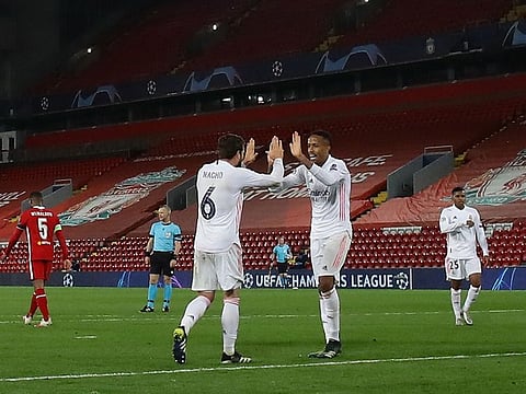 Real Madrid’s Nacho celebrates the victory over Liverpool.