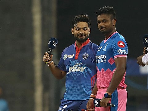 Sanju Samson  (right) and Rishabh Pant, rival captains, during the toss at the Wankhede Stadium in Mumbai. 