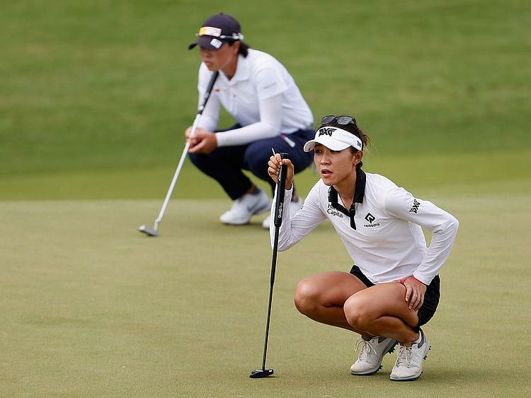 Lydia Ko of New Zealand and Yuka Saso of the Philippines during the LPGA Championship at Kapolei Golf Club in Hawaii