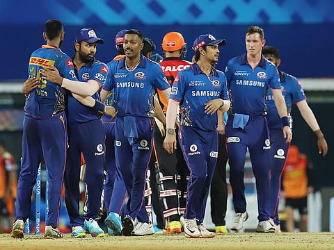 Mumbai Indians players greet each other after winning the match against  Sunrisers Hyderabad held at the M. A. Chidambaram Stadium, Chennai. 