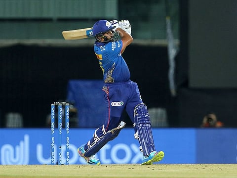 Rohit Sharma launches into a trademark pull shot during the IPL 2021 campaign.