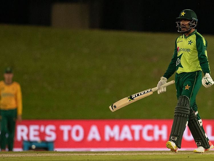 Pakistan's batsman Muhammad Nawaz reacts after scoring winning runs at the end of the fourth and final T20 cricket match against South Africa 