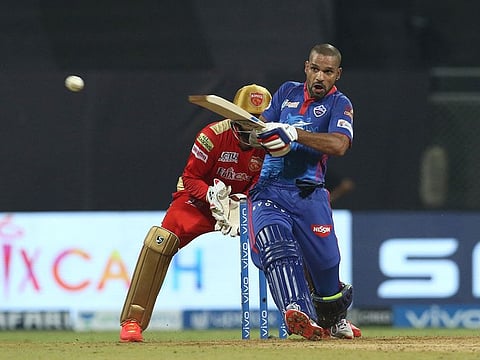 Shikhar Dhawan of Delhi Capitals plays a shot.  