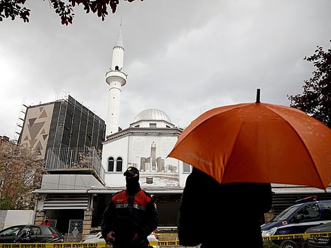 Albanian police officers secure the area near Dine Hoxha mosque after a knife attack, in Tirana, Albania April 19, 2021