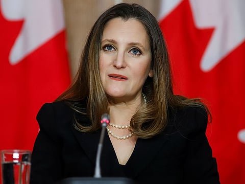 Canada's Finance Minister Chrystia Freeland attends a press conference on Parliament Hill in Ottawa, Ontario, Canada, April 19, 2021.