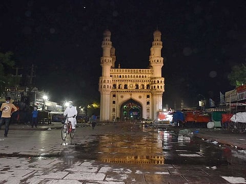 A view of  historic Chaar Minar during night curfew in Telangana which will continue from 9pm to 5am till the morning of May 1, in Hyderabad, Tuesday, April 20, 2021. 