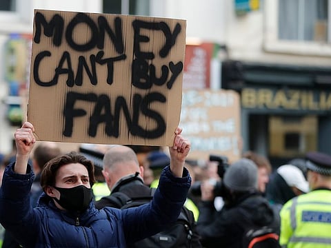 Chelsea fans protest against Chelsea's decision to be included amongst the clubs attempting to form a new European Super League.