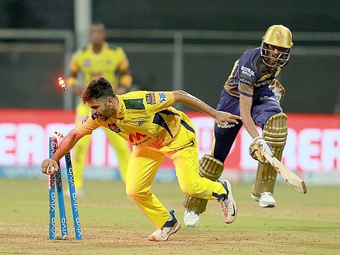 Shardul Thakur of Chennai Super Kings run out Prasidh Krishna of Kolkata Knight Riders. 