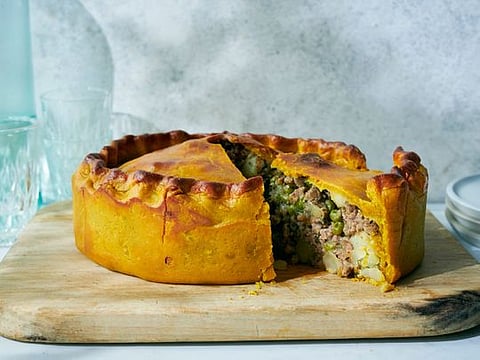 Food personality Nadiya Hussain's turmeric-rich samosa pie is made with flour, shortening and water at a boil 