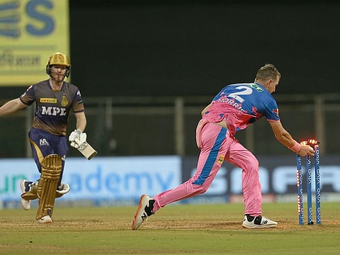 Eoin Morgan, Kolkata Knight Riders captain (far left), is being run out by Chris Morris of Rajasthan Royals on Saturday. Royals went on to win the match by six wickets.