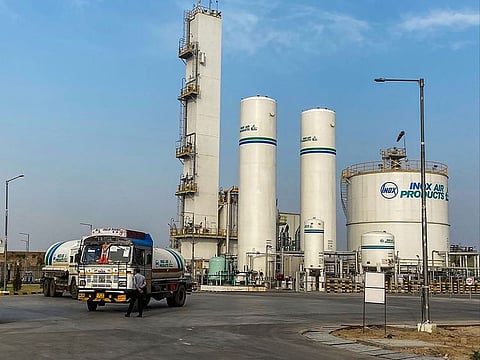 Tankers filled with liquid medical oxygen being transported to Delhi and UP from INOX oxygen plant, in Ghaziabad, India. Picture used for illustrative purposes only.