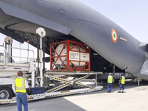 Oxygen tankers being airlifted on an IAF plane in Dubai. 