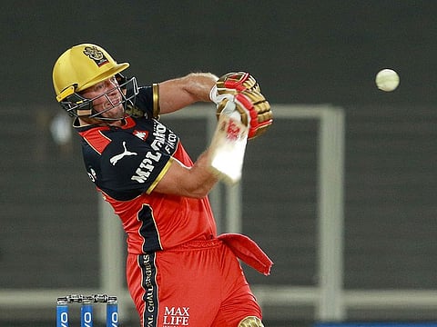 AB de Villiers of the Royal Challengers Bangalore plays a shot against the Delhi Capitals in IPL 2021 in Ahmedabad on April 27, 2021.