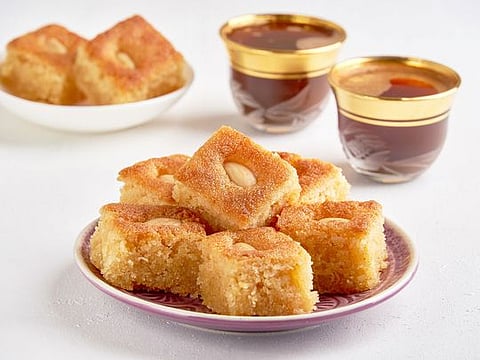 Almond basbousa with vanilla and rose syrup 