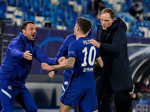 Pulisic is congratulated by Chelsea boss Tuchel