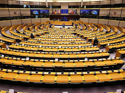 Ursula von der Leyen, president of the European Commission, centre, speaks to the almost empty hemicycle of the European Parliament in Brussels, Belgium, on Tuesday, April 27, 2021. The European Union’s post-Brexit trade accord will be instrumental in bolstering the bloc’s single market and avoiding a chaotic rupture, Ursula von der Leyen said as lawmakers in Brussels prepared to give the deal their formal approval. 