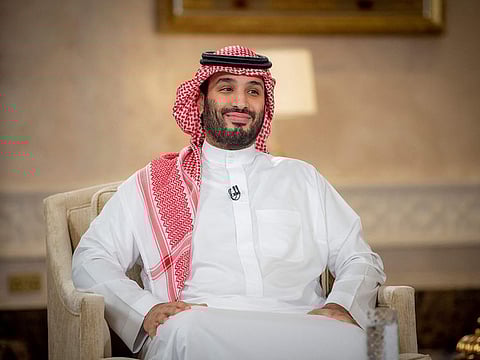 A handout picture provided by the Saudi Royal Palace on April 27, 2021, shows Saudi Crown Prince Mohammed bin Salman during an interview with the Middle East Broadcasting Center (MBC) in the capital Riyadh to mark the fifth anniversary of his vision 2030. 