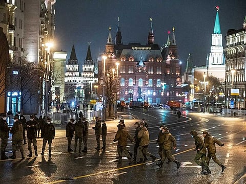 Russian soldiers attend a rehearsal for the Victory Day military parade in Tverskaya street in Moscow, Russia, Tuesday, April 27, 2021. The parade will take place at Moscow's Red Square on May 9 to celebrate 76 years of the victory in WWII. 