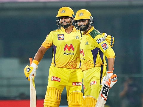 Suresh Raina and Ravindra Jadeja of Chennai Super Kings celebrate after winning the match against Sunrisers Hyderabad. 