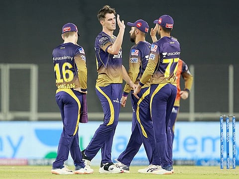 Kolkata Knight Riders players celebrate the wicket of Shikhar Dhawan of Delhi Capitals. Two KKR players have tested positive for COVID-19.