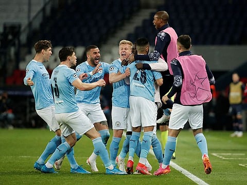 Manchester City celebrate their semi-final win over PSG