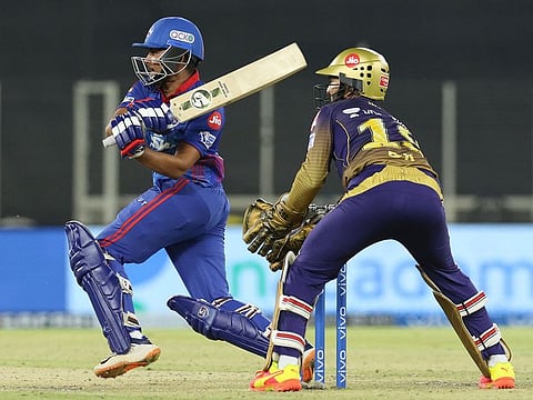 Prithvi Shaw of Delhi Capitals hits a boundary.  