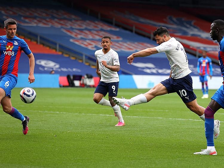 Sergio Aguero volleys home against Crystal Palace
