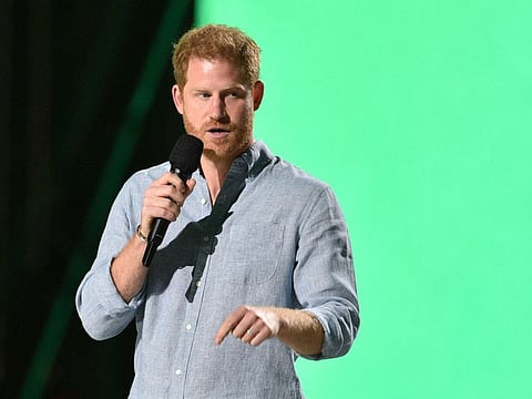 Britain's Prince Harry, Duke of Sussex, speaks onstage during the taping of the "Vax Live" fundraising concert at SoFi Stadium in Inglewood, California, on May 2, 2021.