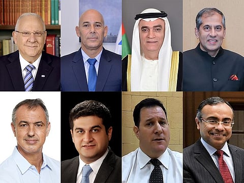 From top left: Reuven Rivlin, President of the State of Israel, Dr. Ron Malka, Ambassador of Israel to India, Dr. Ahmed Abdul Rahman AlBanna, Ambassador of UAE to India, Pavan Kapoor, Ambassador of India to UAE, Jean Scemama, CEO of Ecoppia, Merzi Sodawaterwala, Founder & Chairperson of IFIICC, Jonathan Miller, Special Envoy for Energy, Israeli Ministry of Foreign Affairs, Sanjeev Singla, Ambassador of India to Israel.  