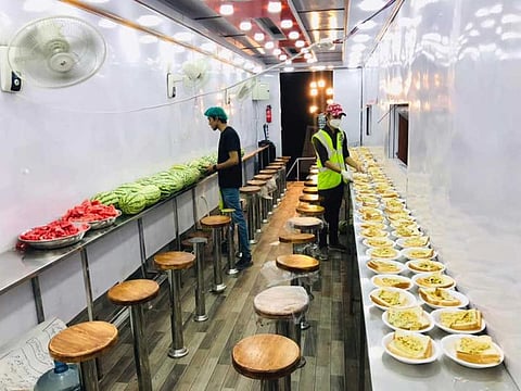 An inside view of a free mobile restaurant in Karachi.