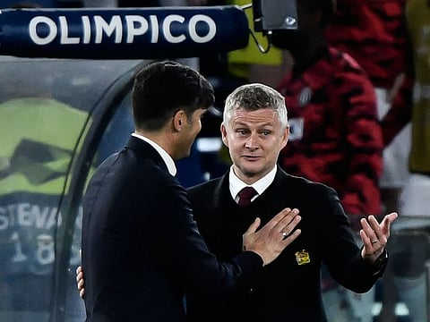Roma's Paulo Fonseca congratulates Manchester United's Ole Gunnar Solskjaer at the end of the Europa League semi-final 