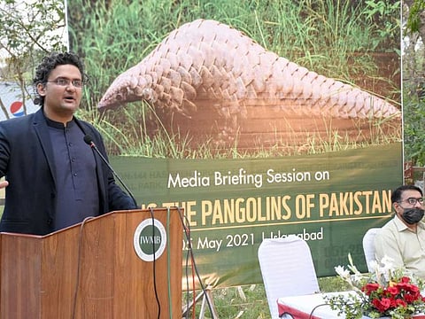 Senator Faisal Javed Khan addressing a media awareness session on Indian Pangolin in Margazar Zoo, on Thursday, May 5, 2021.