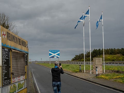 The England-Scotland border on May 2, 2021. Hopes for a swift path to independence in Scotland were dampened on Saturday, May 8, as early election results showed the dominant Scottish nationalist party falling just short of a majority in the country’s parliament. 