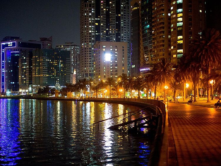 Stock Sharjah skyline Corniche