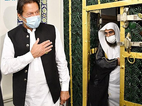 Pakistan Prime Minister Imran Khan visits the Prophet's Mosque in Medina. 