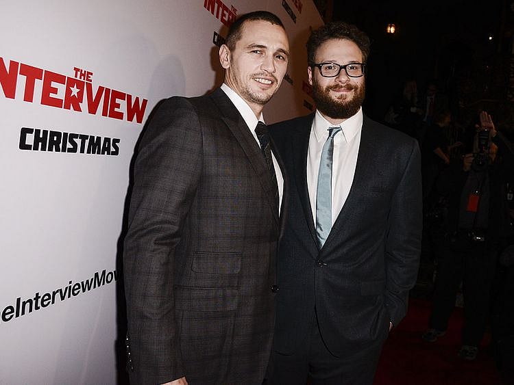 In this file photo, actors Seth Rogen, right, and James Franco attend the premiere of the Sony Pictures' film "The Interview" in Los Angeles. (Photo by Dan Steinberg/Invision/AP Images, File)