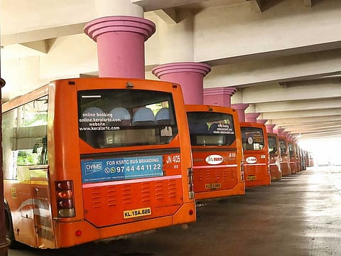 KSRTC buses parked at a depot due to COVID-induced lockdown in Kozhikode, Kerala, Saturday, May 8, 2021. 