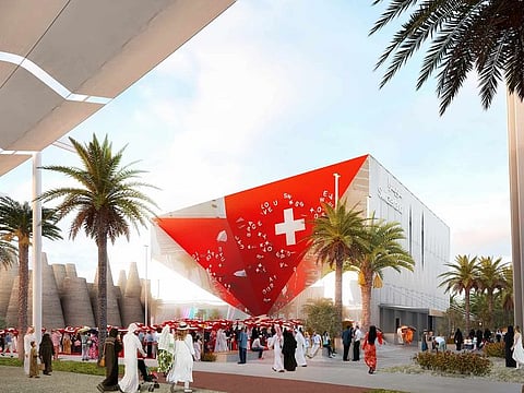 The Swiss Pavilion is home to a dramatic journey of three acts ending in a garden with seats made of recycled concrete.