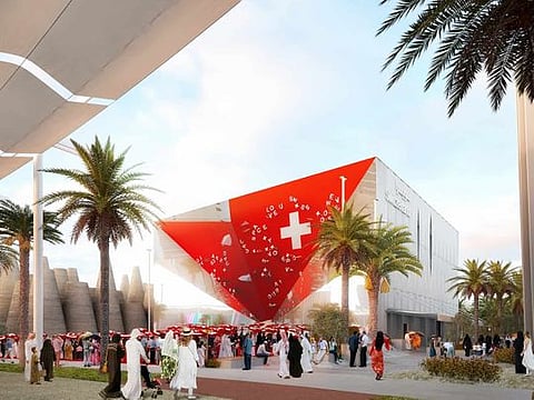 The Swiss Pavilion is home to a dramatic journey of three acts ending in a garden with seats made of recycled concrete.